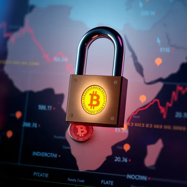 Secure digital lock with cryptocurrency symbols and Nigerian map background representing safe trading practices