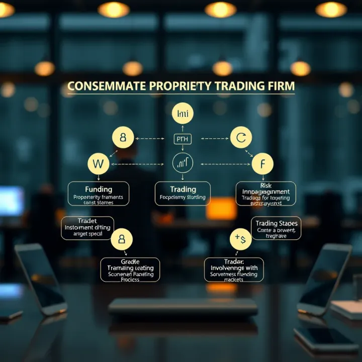 Diagram illustrating the structure and key components of a proprietary trading firm including funding, risk management, and trader involvement
