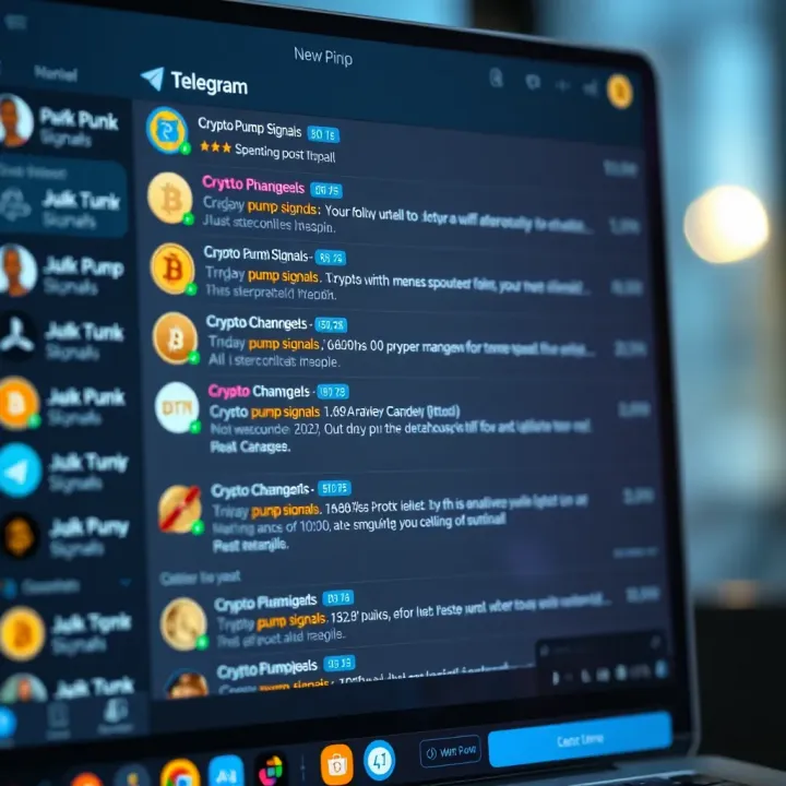 Telegram chat screen showing a list of crypto pump signals with highlighted messages
