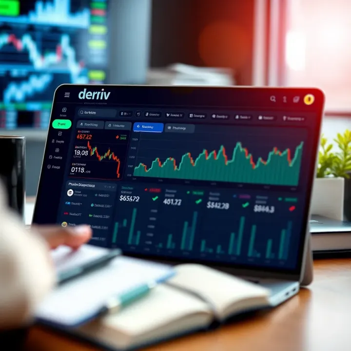 User interface showcasing the Deriv app's trading dashboard with charts and market options