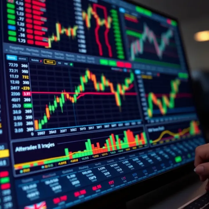 Illustration of a digital trading platform dashboard with financial graphs and charts