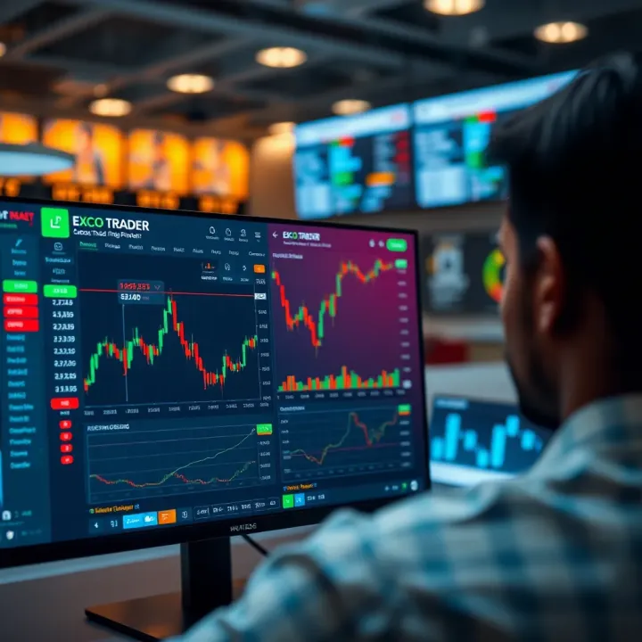 User interface displaying Exco Trader platform with charts and trading options