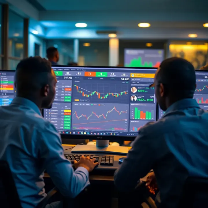 Illustration showing Nigerian traders accessing the FBS bonus dashboard on a computer screen