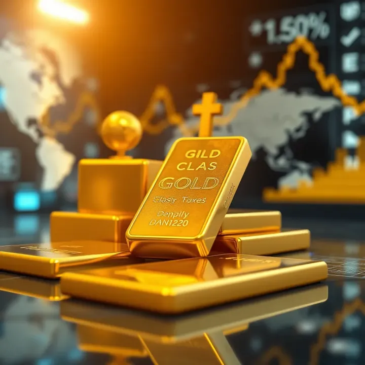 Illustration of gold bars with global economic symbols representing supply and demand dynamics