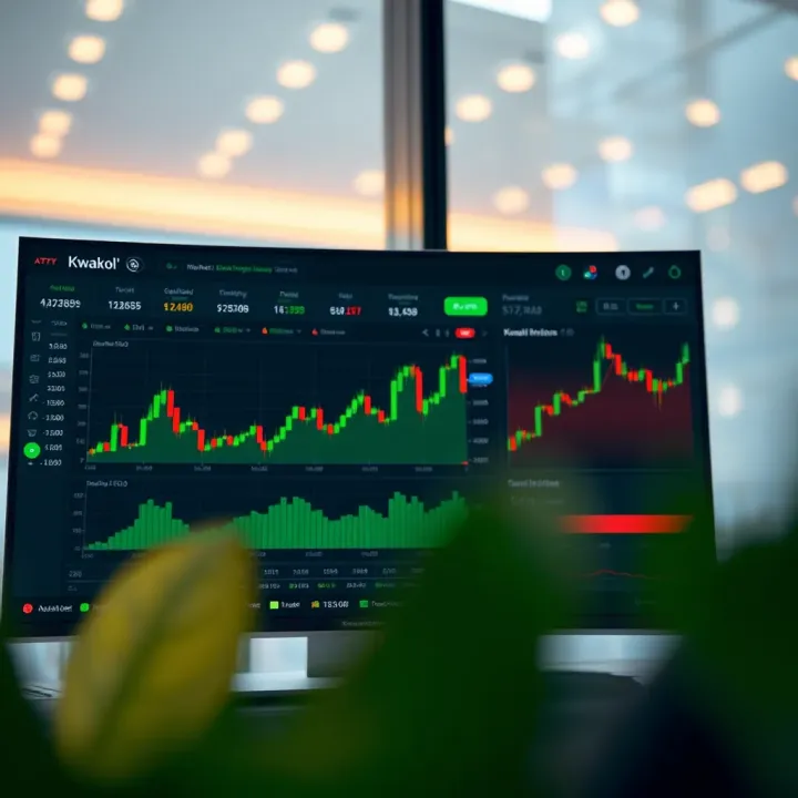 Dashboard of Kwakol Broker's trading platform showing market charts and investment options