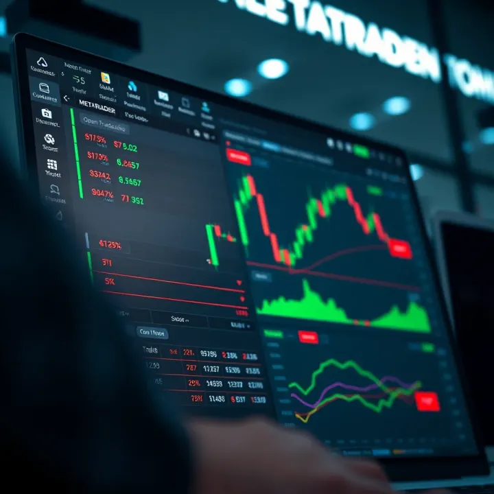 User interface of MetaTrader showing open trades and market watch for commodities and stocks