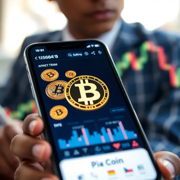Mobile phone displaying digital currency symbols with a financial graph in the background