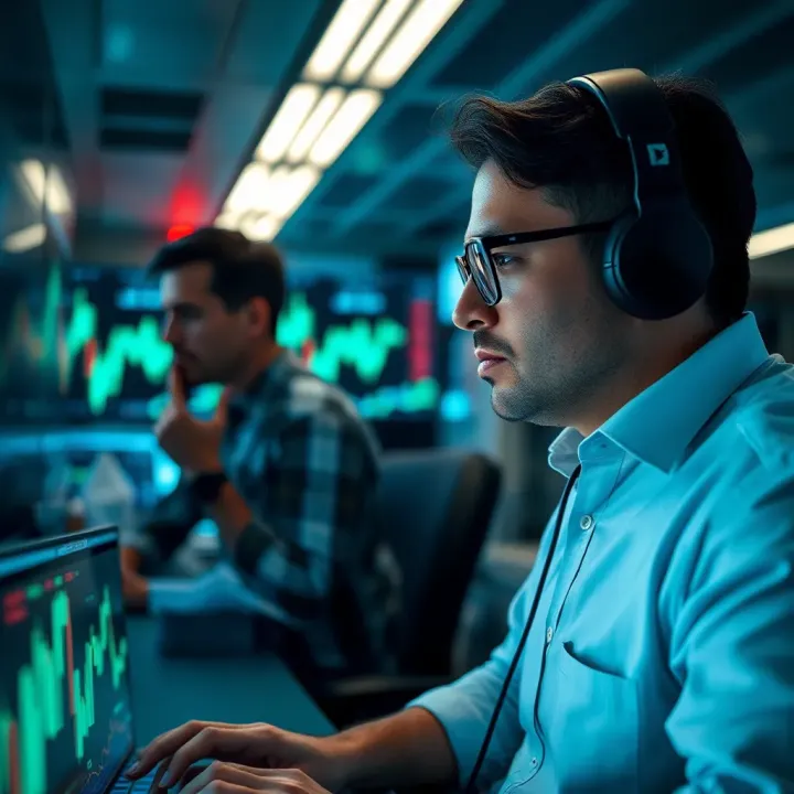 Overview of proprietary trading firm operations with traders analyzing financial charts and market data