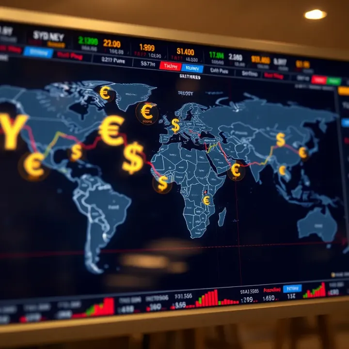 World map highlighting Sydney with currency symbols depicting active Forex pairs during session
