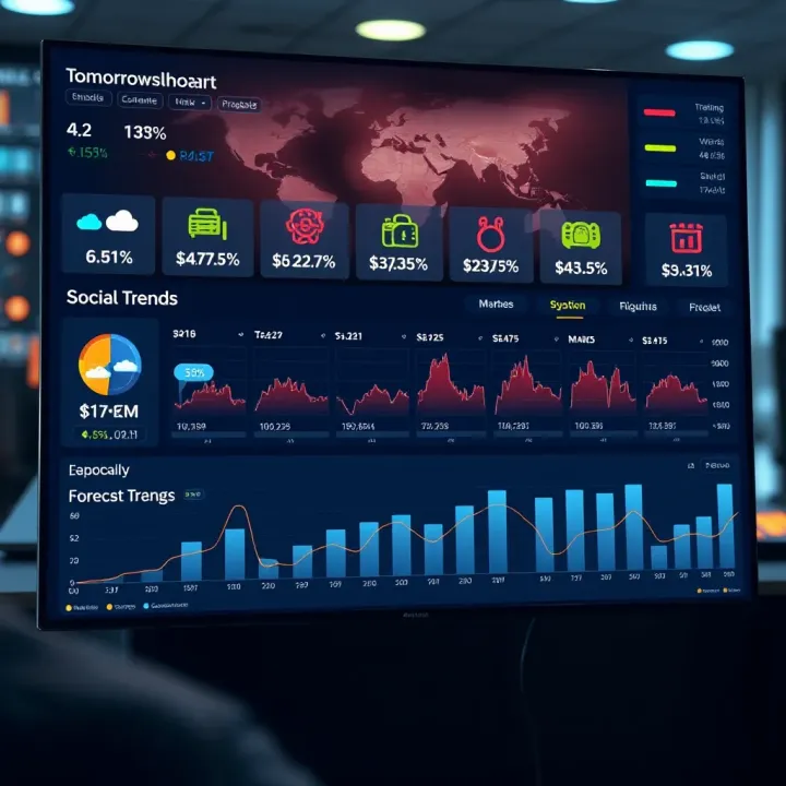 Illustration of a digital dashboard displaying weather, market, and social trend forecasts for the next day