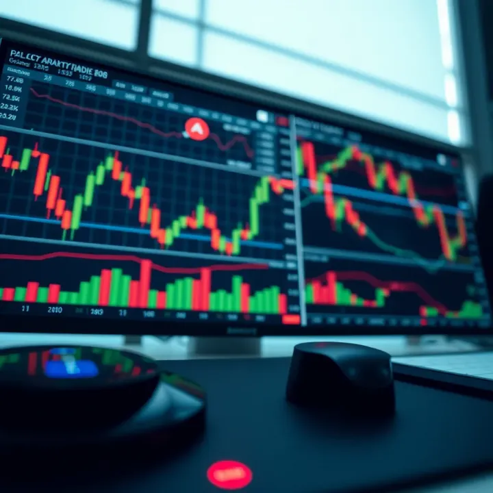 An analytical dashboard featuring candlestick charts and indicators used for stock, forex, and cryptocurrency trading
