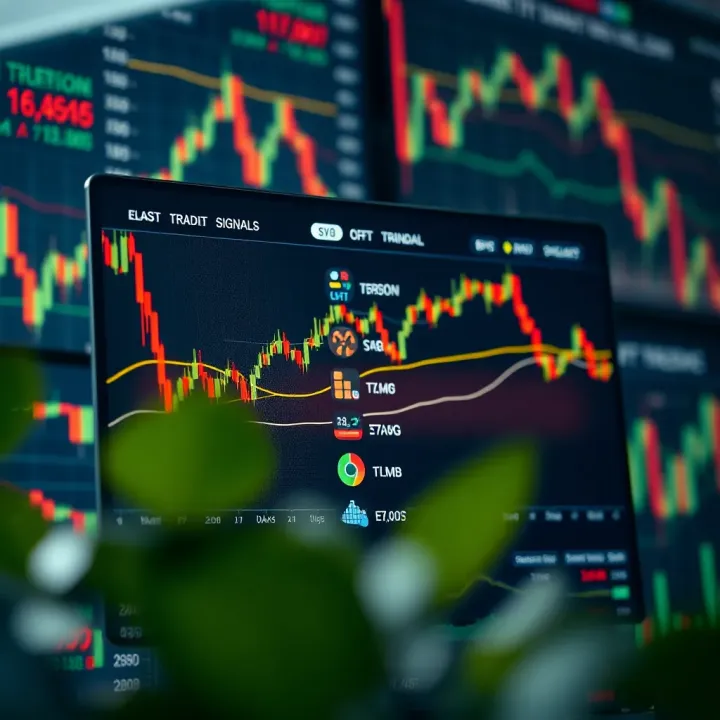 Graph showing various types of trading signals on a digital screen with financial charts in the background