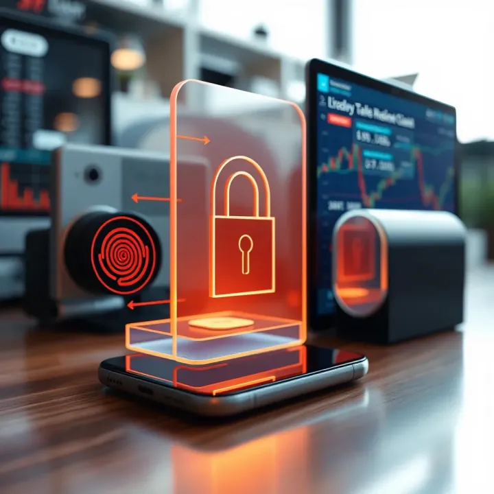 Conceptual illustration of secure login with multiple verification methods including mobile and biometric signals