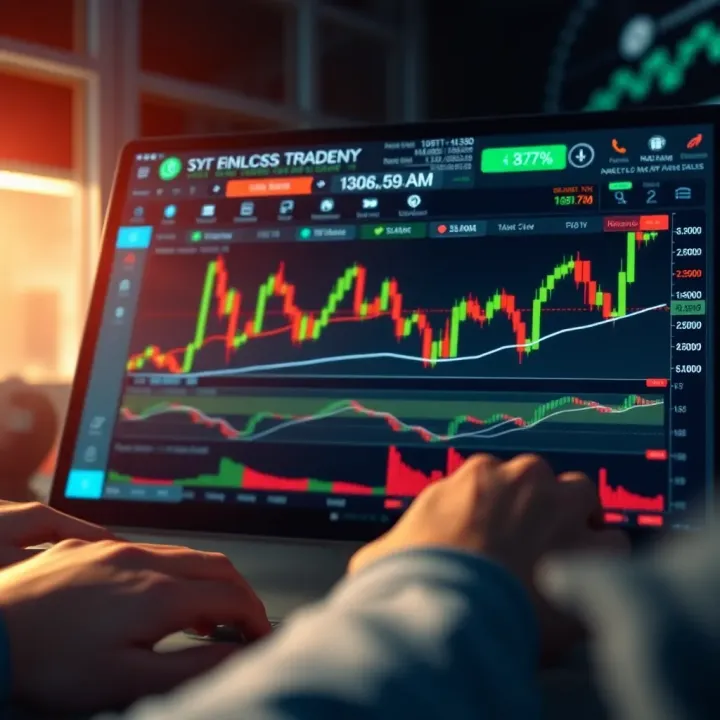 Digital representation of an online trading platform dashboard with financial charts and graphs