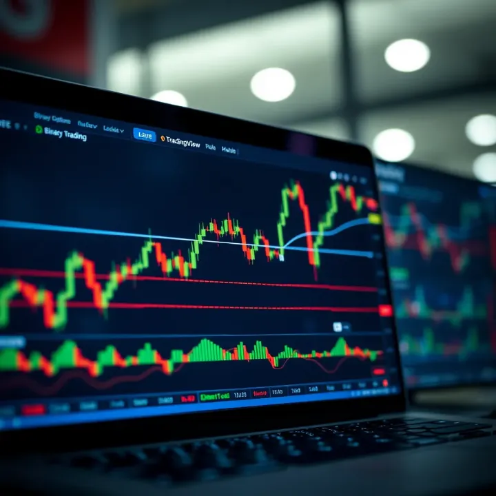 TradingView platform showing candlestick chart with technical indicators for binary options trading