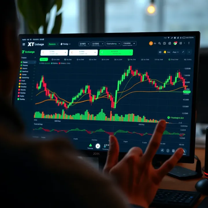 Cryptocurrency trading interface with charts and analytics on screen